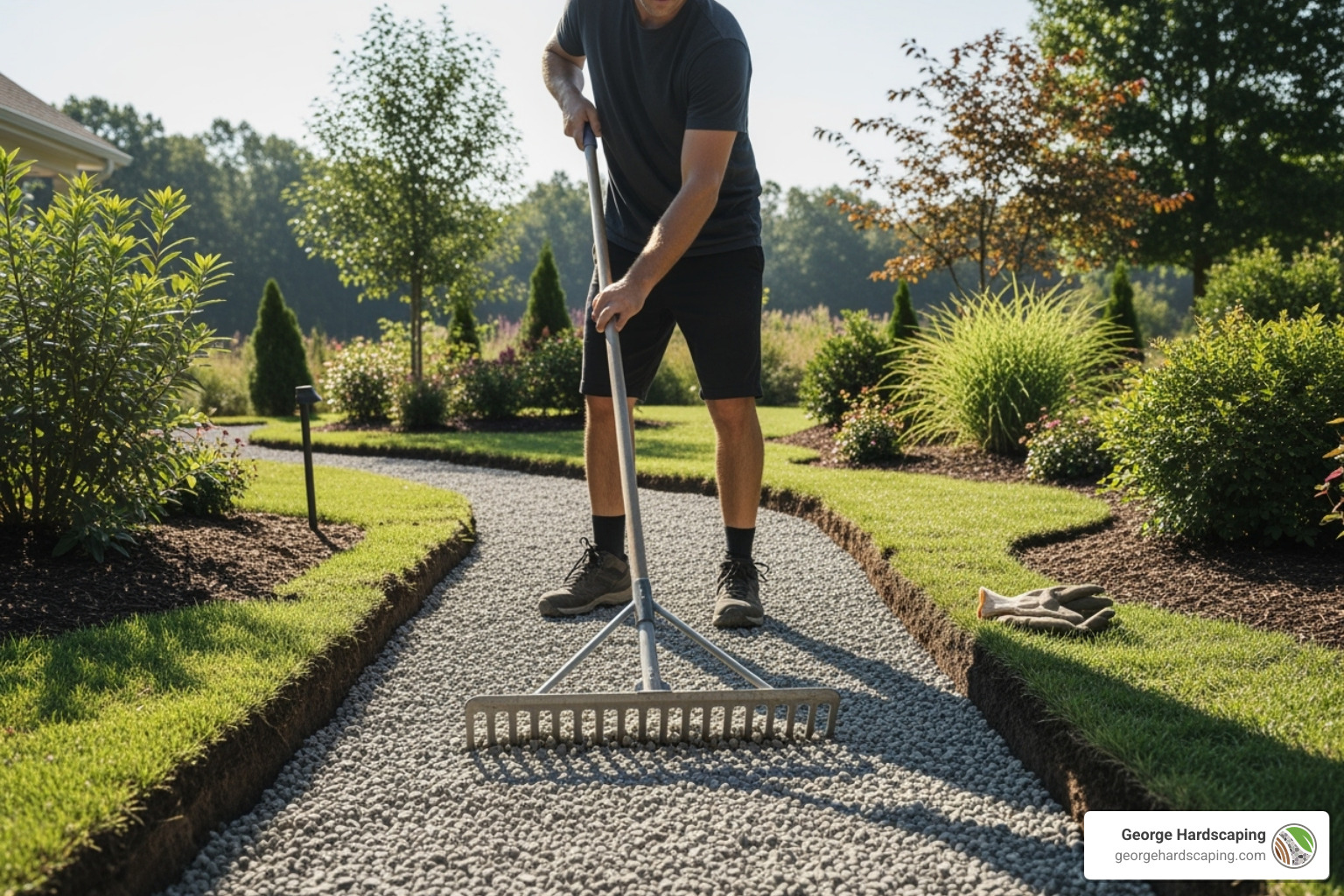 Base installation and compaction for a decomposed granite walkway Excavated walkway area with base layer being spread and compacted - decomposed granite walkway installation