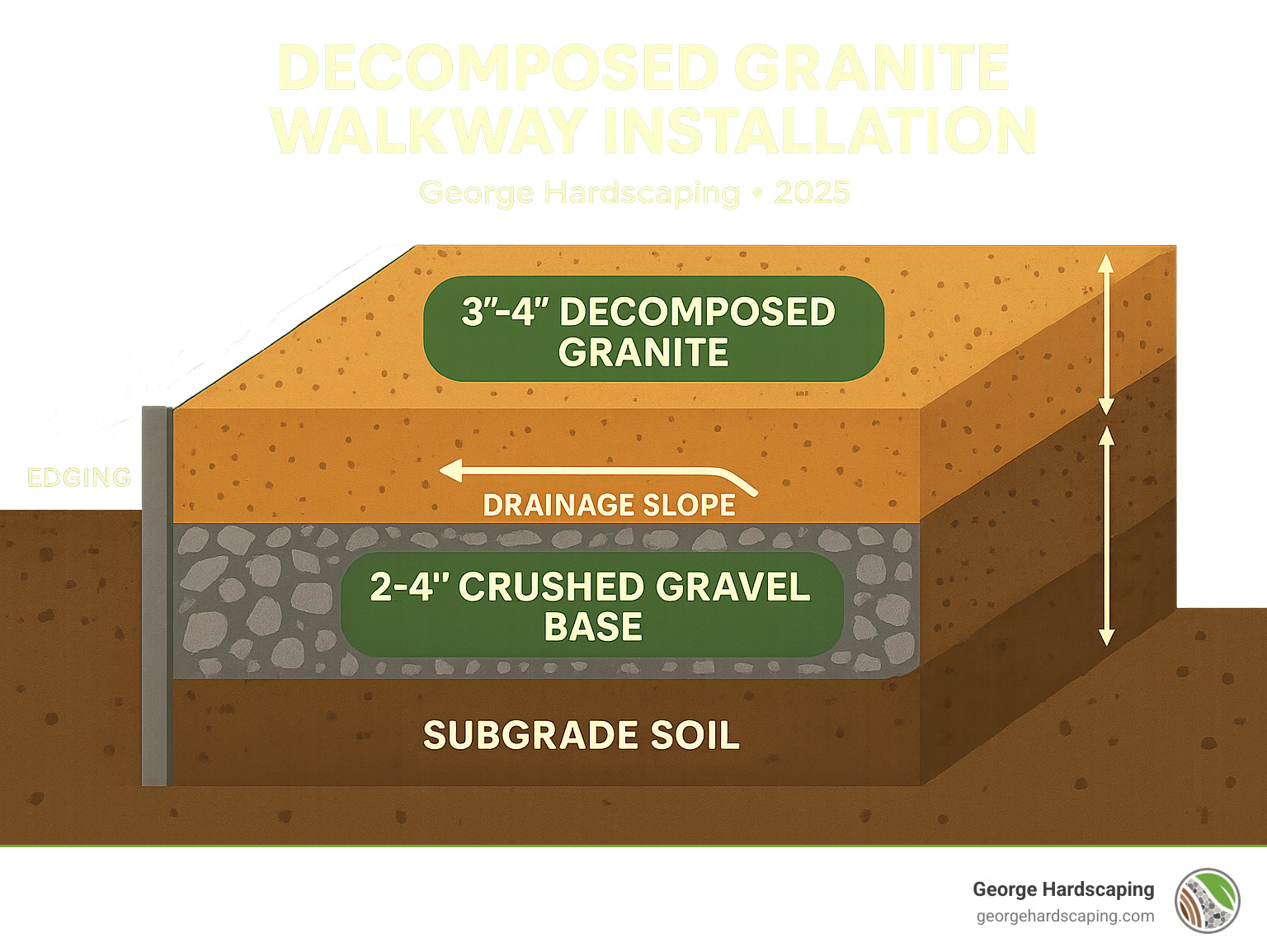 Infographic: decomposed granite walkway layers, base, edging, and slope Infographic showing cross-section layers of a properly installed DG walkway with subgrade soil at bottom, 2-4 inch crushed gravel base layer in middle, and 3-4 inch decomposed granite top layer, including proper edging installation and drainage slope - decomposed granite walkway installation infographic