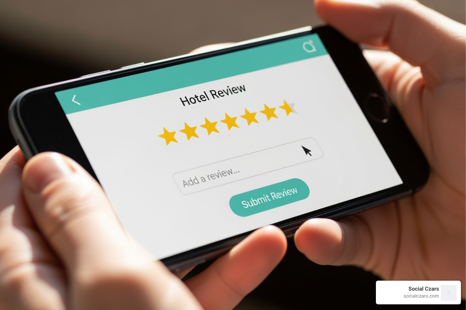 Image of a guest leaving a 5-star review on a smartphone - independent hotel marketing Image of a guest leaving a 5-star review on a smartphone - independent hotel marketing