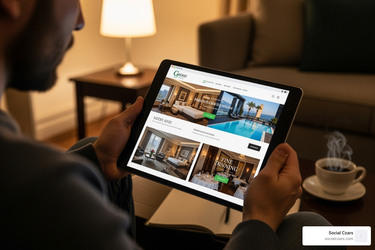 Image of a person browsing a hotel's visually appealing website on a tablet - independent hotel marketing Image of a person browsing a hotel's visually appealing website on a tablet - independent hotel marketing