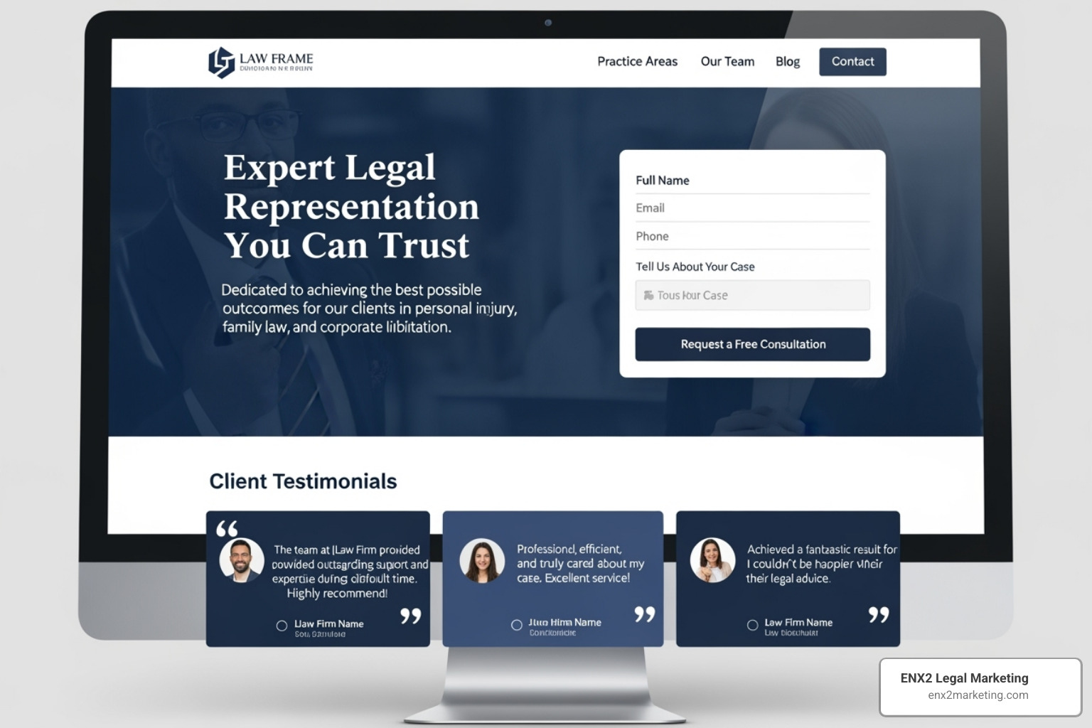 A high-converting law firm landing page featuring clear contact forms, prominent client testimonials, and a concise value proposition - legal firm PPC