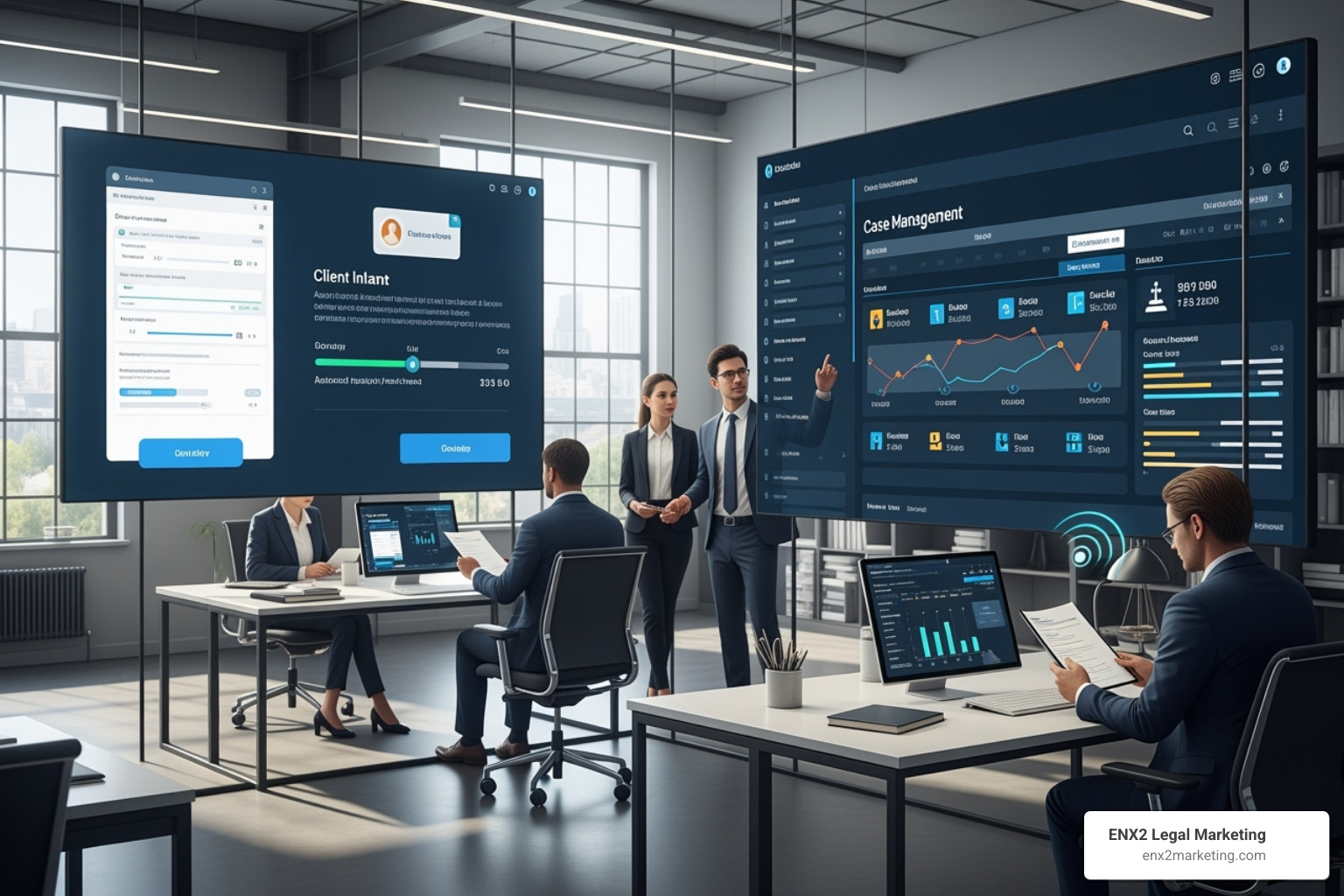 A detailed flowchart illustrating an efficient lead intake and case management process for a growing law firm, from initial inquiry to client onboarding and ongoing case management, highlighting automation and team collaboration - legal firm PPC