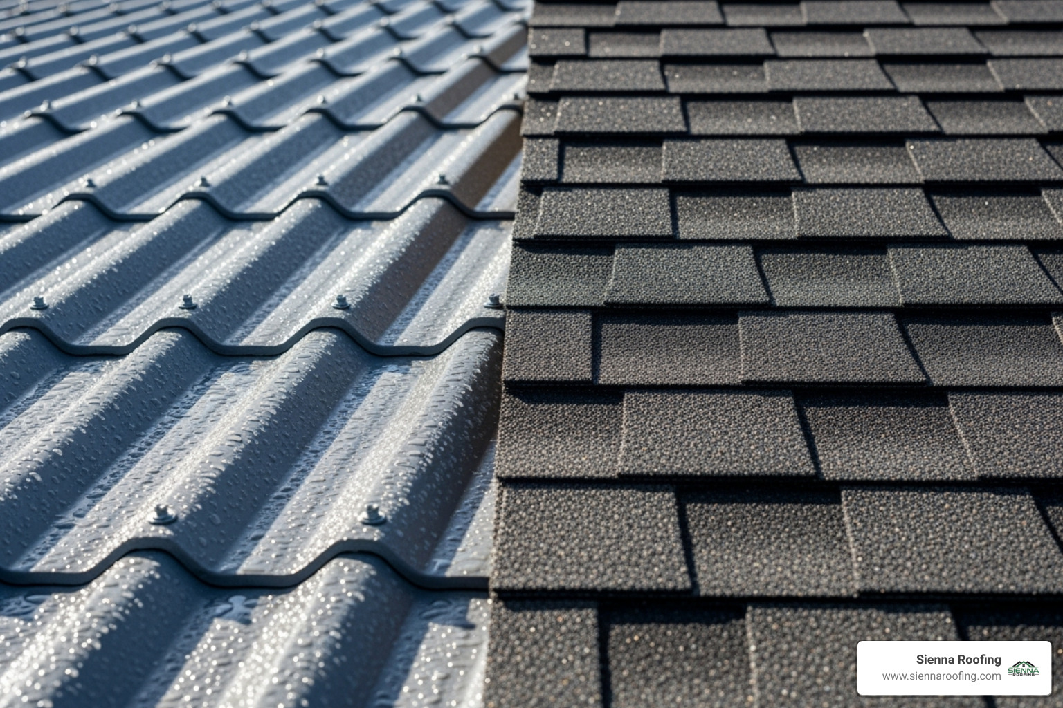 Corrugated metal roofing next to architectural asphalt shingles - barn roof replacement cost