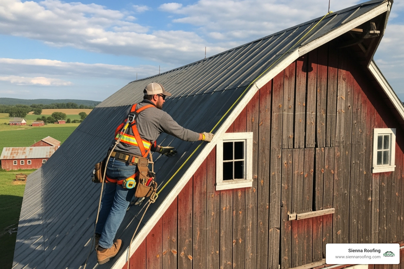Roofer in safety harness measuring a large barn roof - barn roof replacement cost