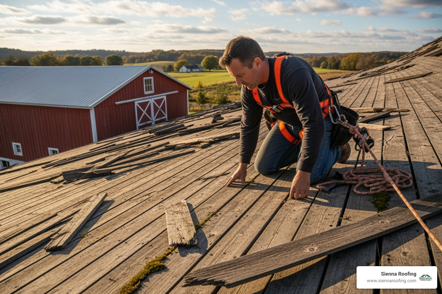 Roofer inspecting the wooden decking of a roof after tear-off - barn roof replacement cost