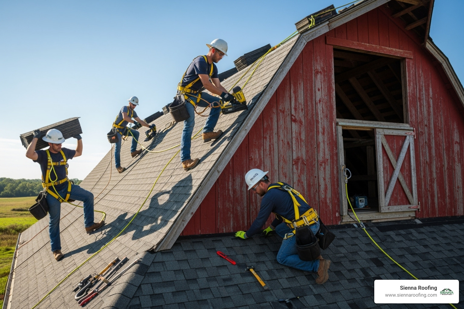 Professional roofing crew in safety harnesses working on a barn roof - barn roof replacement cost