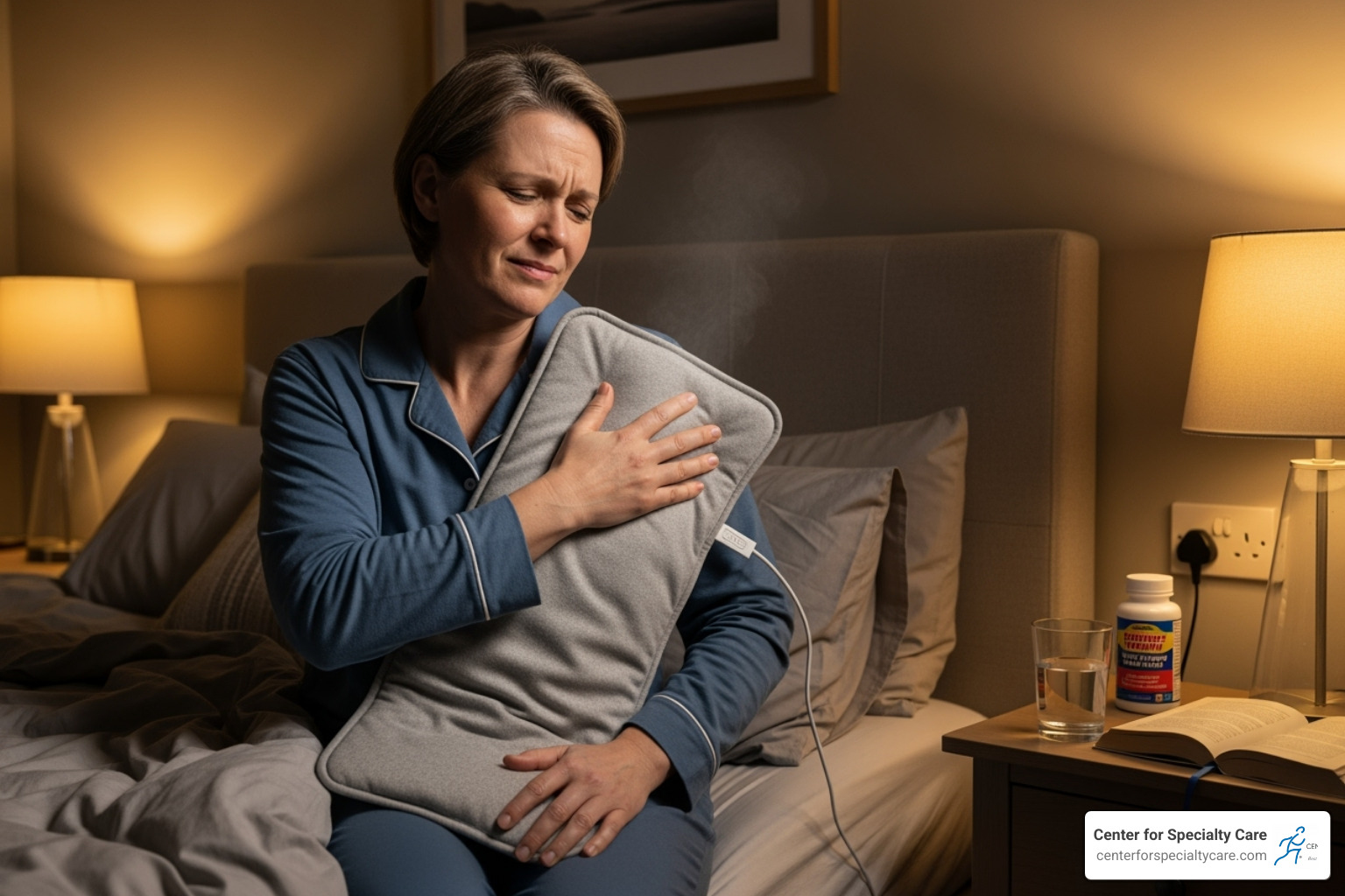 A person applying a heating pad to their shoulder before bed, emphasizing therapeutic home remedies for frozen shoulder pain. - Frozen shoulder at night