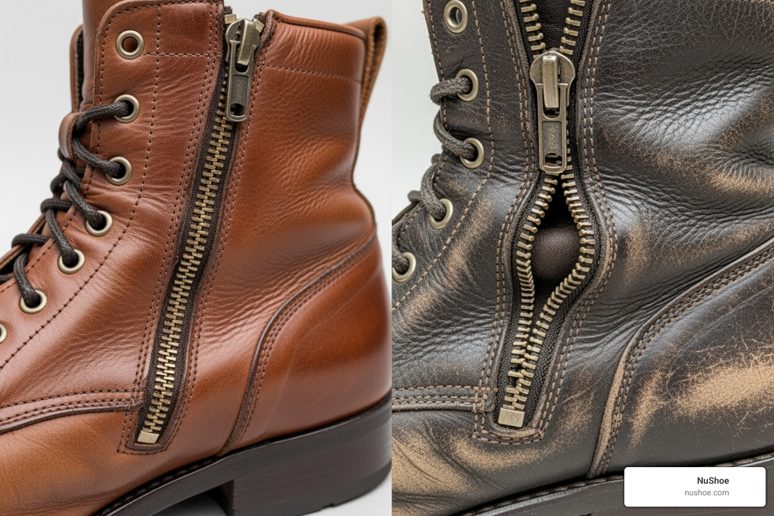A beautifully repaired boot with a perfectly functioning zipper next to a worn-out boot with a broken zipper - Zipper repair boots A beautifully repaired boot with a perfectly functioning zipper next to a worn-out boot with a broken zipper - Zipper repair boots