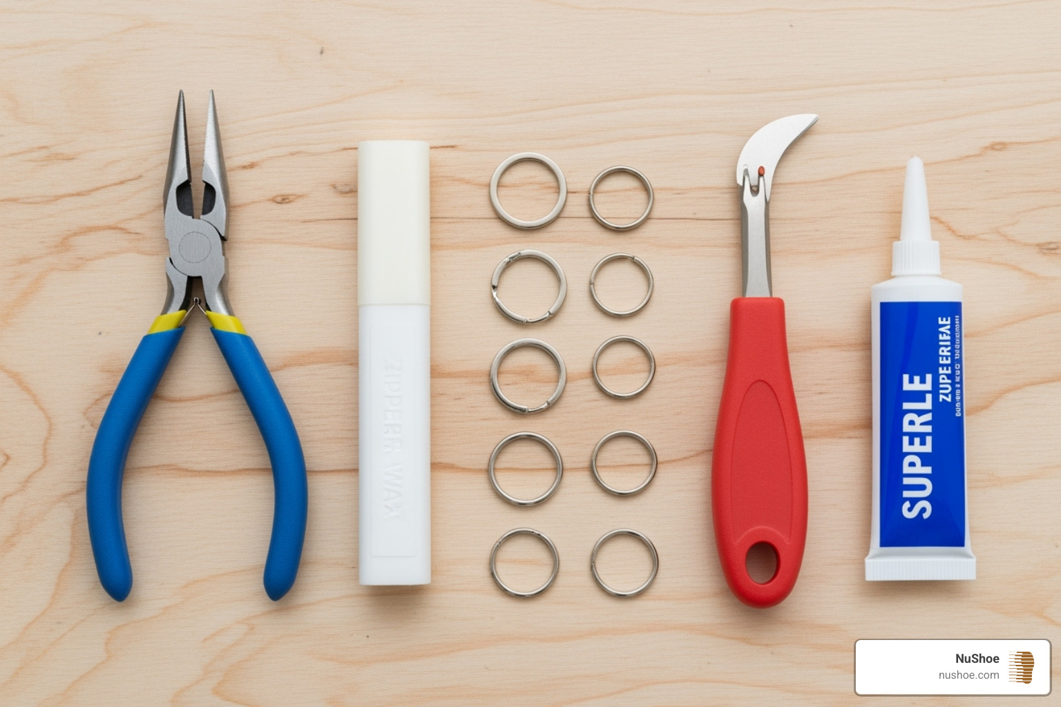 A collection of DIY zipper repair tools including pliers, wax, seam ripper, key rings, and superglue laid out on a clean surface - Zipper repair boots A collection of DIY zipper repair tools including pliers, wax, seam ripper, key rings, and superglue laid out on a clean surface - Zipper repair boots