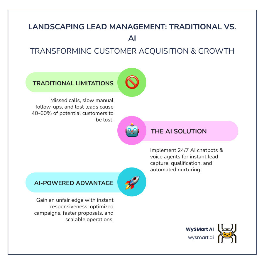 Detailed infographic showing the change from traditional landscaping lead management (missed calls, manual follow-up, lost opportunities) to AI-powered systems (24/7 chatbots, automated nurturing sequences, smart lead scoring, seasonal campaign triggers, and conversion optimization) - landscaping companies - ai funnels & conversion infographic infographic-line-3-steps-colors Detailed infographic showing the change from traditional landscaping lead management (missed calls, manual follow-up, lost opportunities) to AI-powered systems (24/7 chatbots, automated nurturing sequences, smart lead scoring, seasonal campaign triggers, and conversion optimization) - landscaping companies - ai funnels & conversion infographic infographic-line-3-steps-colors