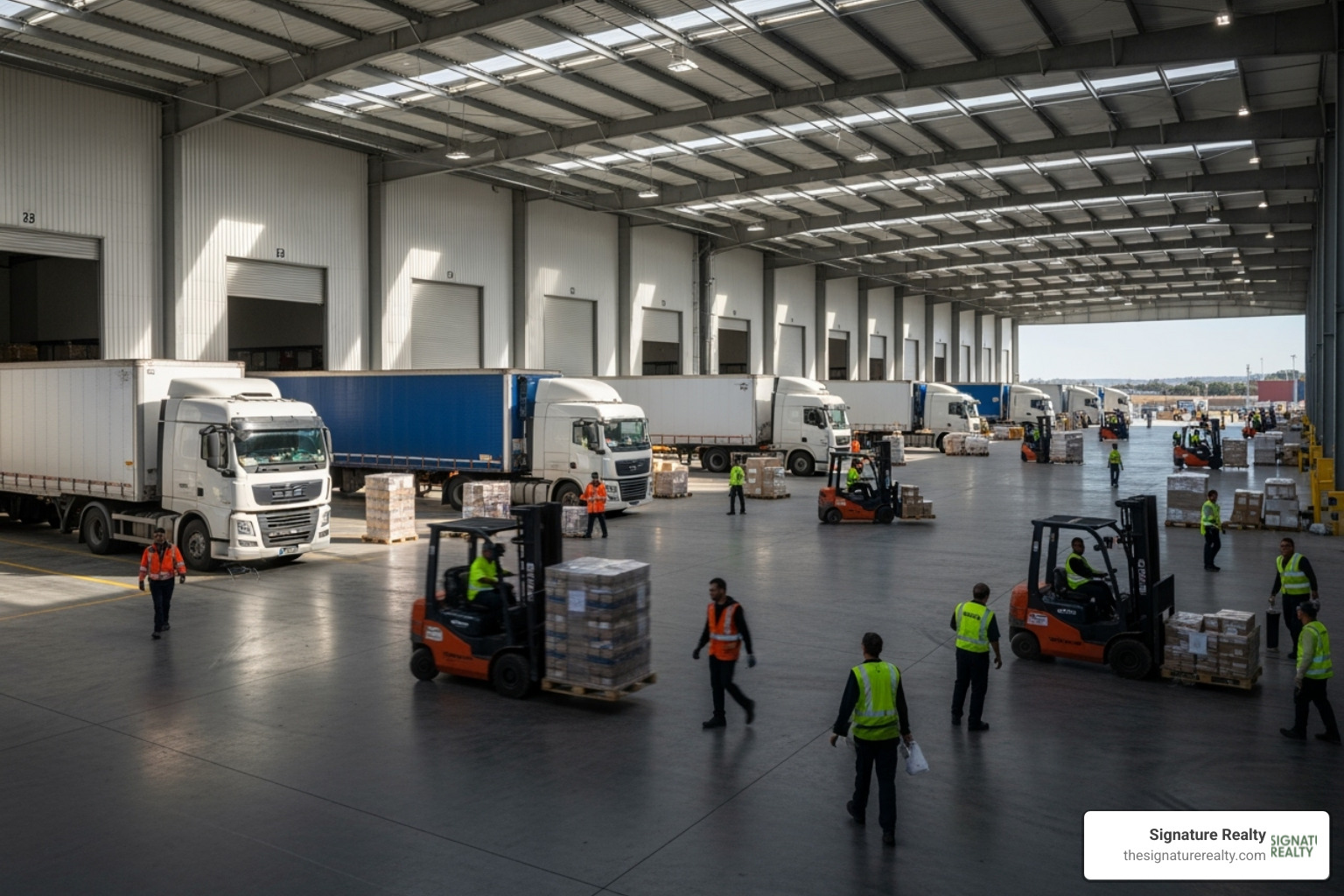 A busy distribution center with trucks loading and unloading - Miami industrial real estate A busy distribution center with trucks loading and unloading - Miami industrial real estate