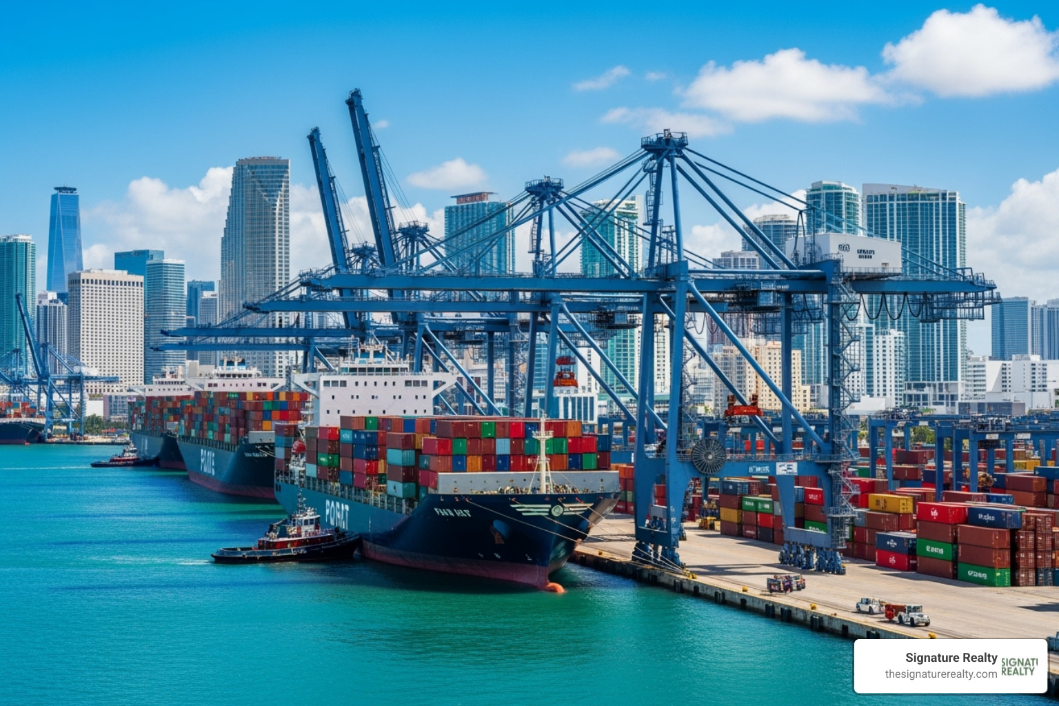 Cargo ships being loaded at PortMiami with Miami skyline in background - Miami industrial real estate Cargo ships being loaded at PortMiami with Miami skyline in background - Miami industrial real estate