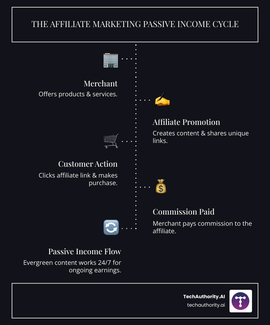 Comprehensive infographic showing the affiliate marketing cycle: Step 1 shows a merchant with products, Step 2 shows an affiliate creating content and sharing links, Step 3 shows customers clicking links and making purchases, Step 4 shows commission payments flowing back to the affiliate, with arrows indicating the cyclical nature and passive income potential over time - affiliate marketing passive income infographic infographic-line-5-steps-dark Comprehensive infographic showing the affiliate marketing cycle: Step 1 shows a merchant with products, Step 2 shows an affiliate creating content and sharing links, Step 3 shows customers clicking links and making purchases, Step 4 shows commission payments flowing back to the affiliate, with arrows indicating the cyclical nature and passive income potential over time - affiliate marketing passive income infographic infographic-line-5-steps-dark