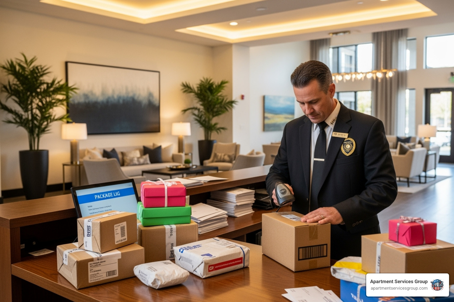 security concierge organizing packages at a front desk - security services for apartments