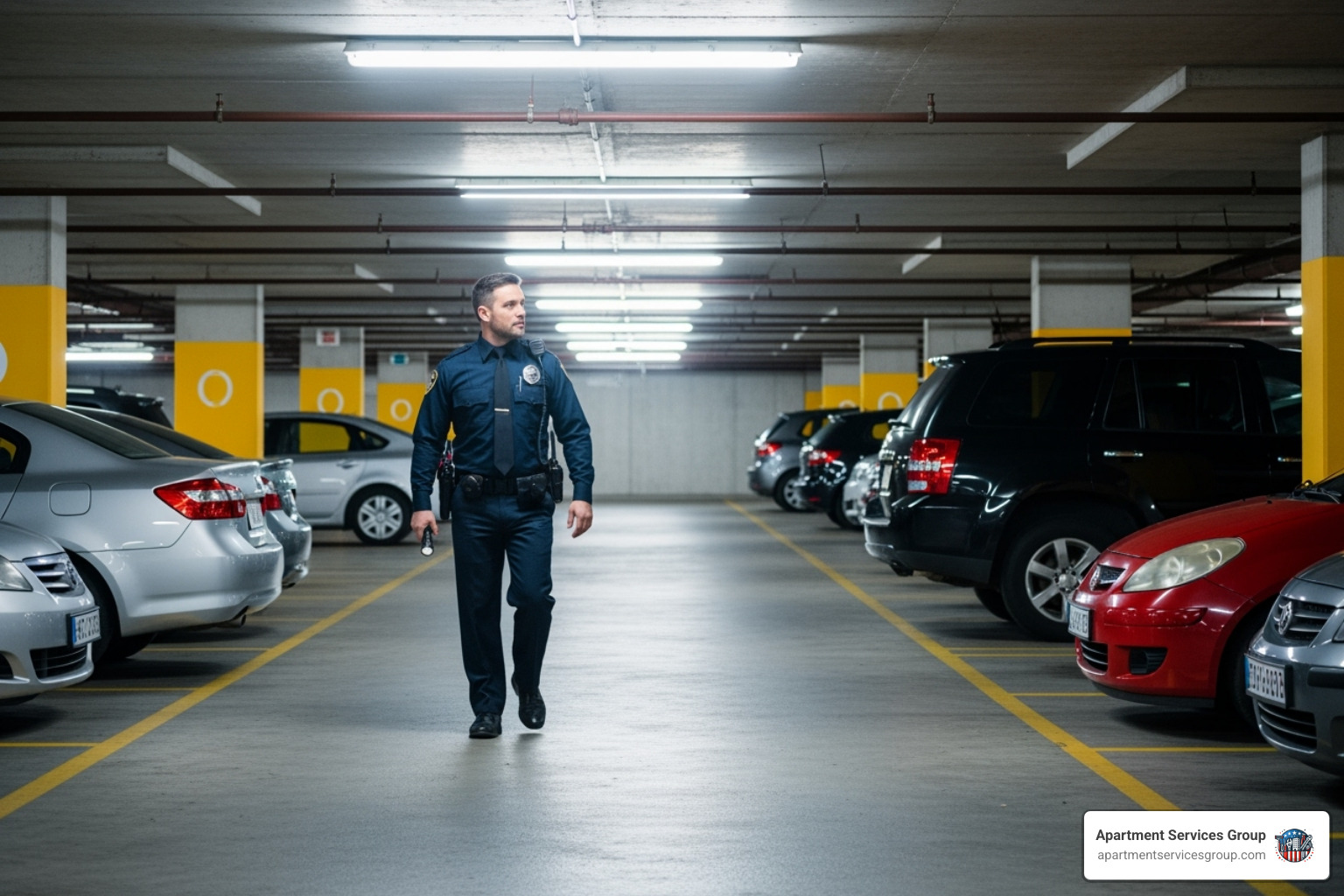 security guard patrolling an apartment complex parking garage - security services for apartments