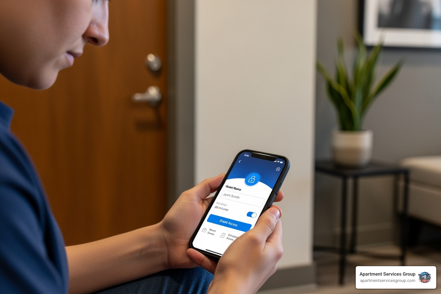 resident using a smartphone app to grant guest access - security services for apartments