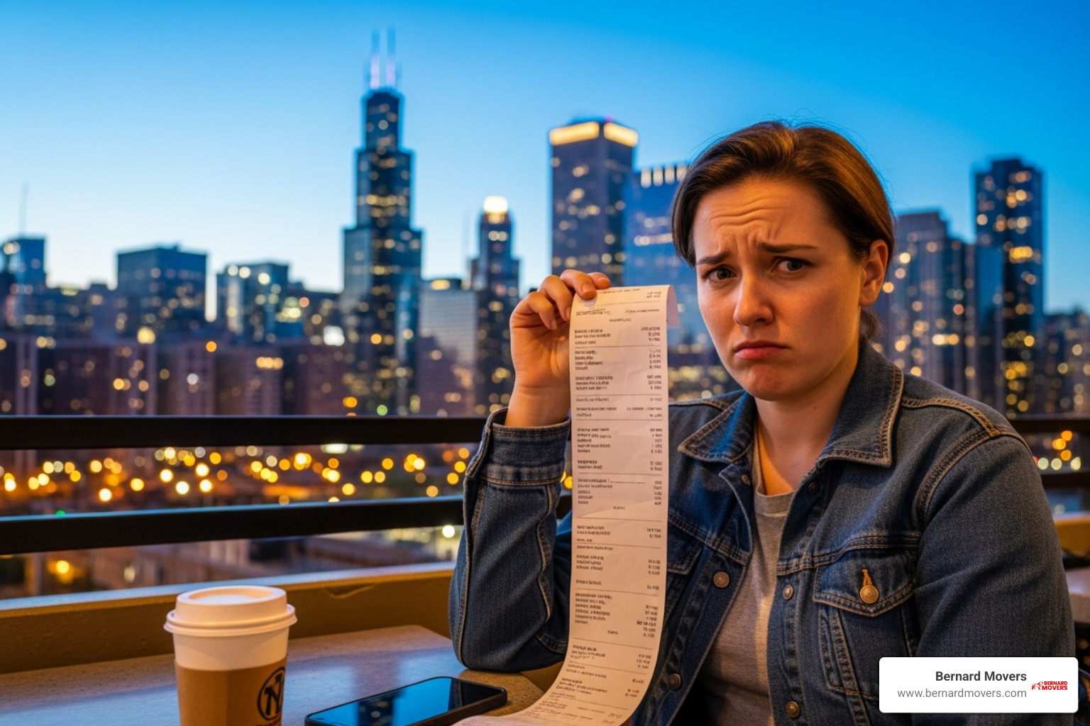 person looking confused at a receipt with Chicago skyline in the background - 20 percent discount