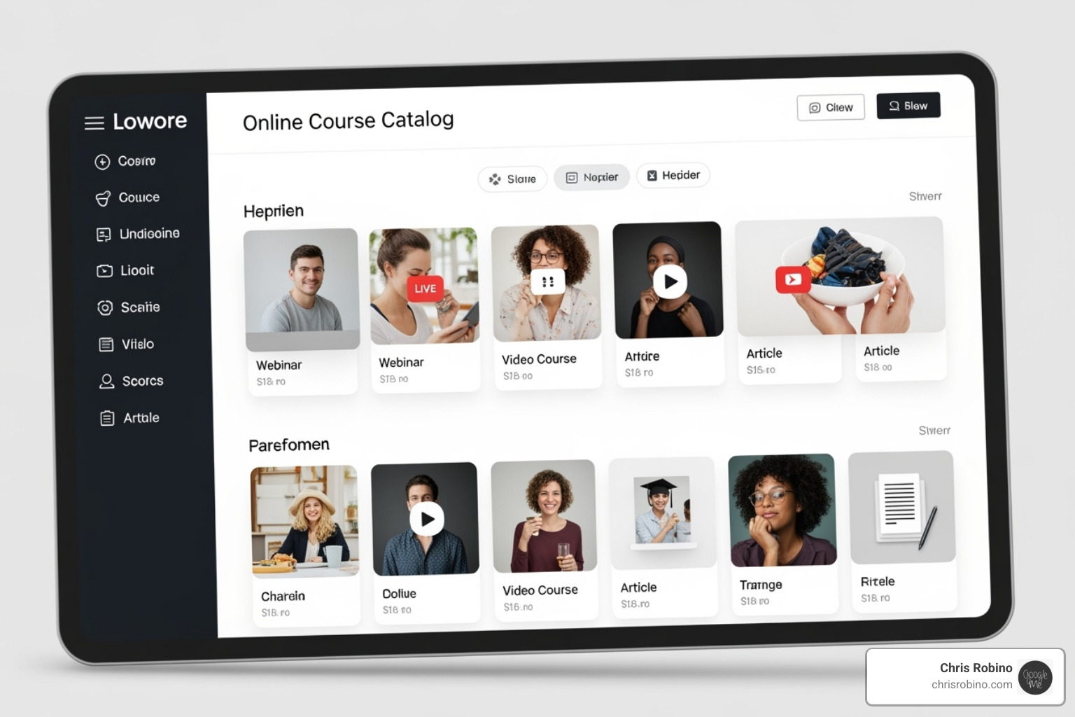 a diverse course catalog interface showing various learning formats like webinars, videos, and articles. - Professional development portal