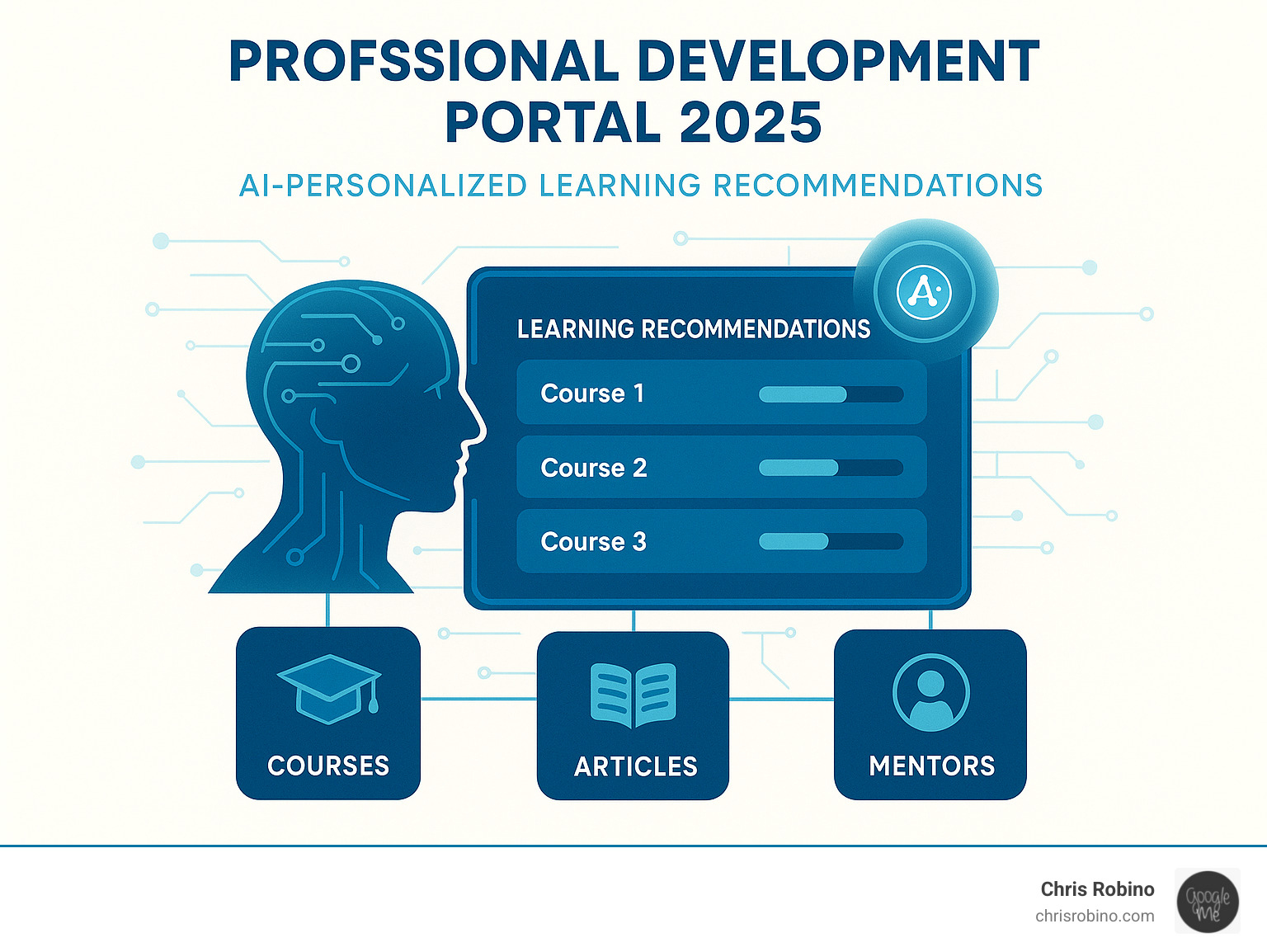 a futuristic interface showing AI-personalized learning recommendations. - Professional development portal infographic 