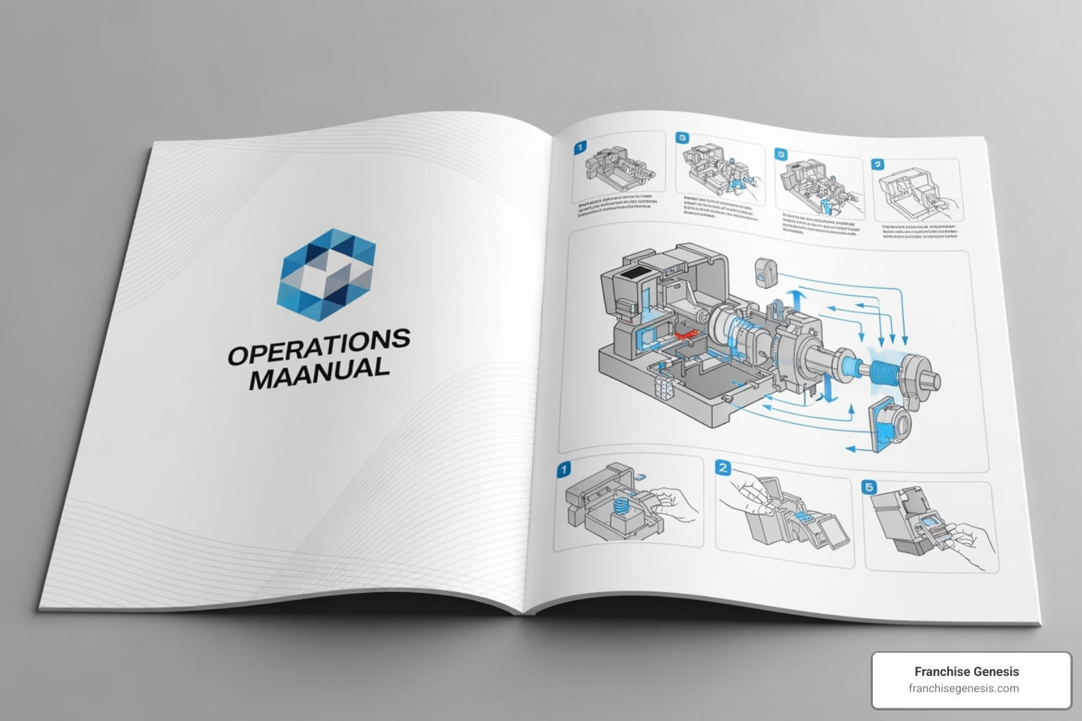 A professional operations manual with a branded cover, open to a page showing clear instructions and diagrams - how much does it cost to franchise my business A professional operations manual with a branded cover, open to a page showing clear instructions and diagrams - how much does it cost to franchise my business