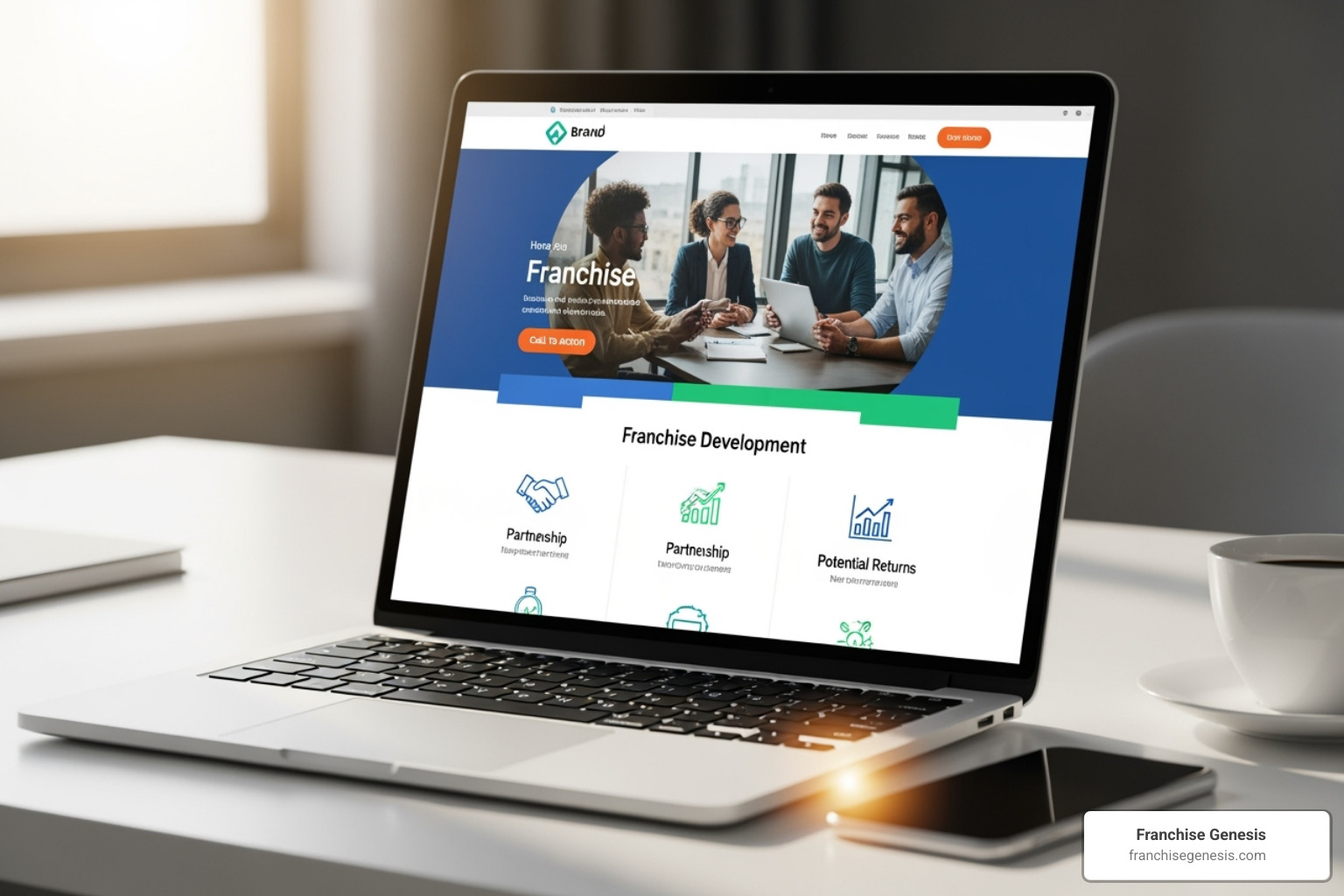A laptop displaying a professional and engaging franchise development website, showcasing brand elements and clear calls to action - how much does it cost to franchise my business A laptop displaying a professional and engaging franchise development website, showcasing brand elements and clear calls to action - how much does it cost to franchise my business