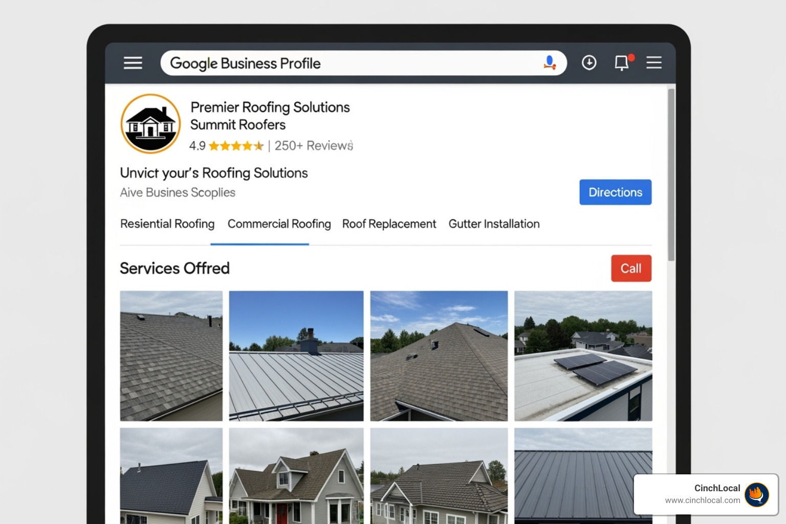 Optimized Google Business Profile for a roofing company, highlighting business name, reviews, photos, and services. - local seo for roofing company
