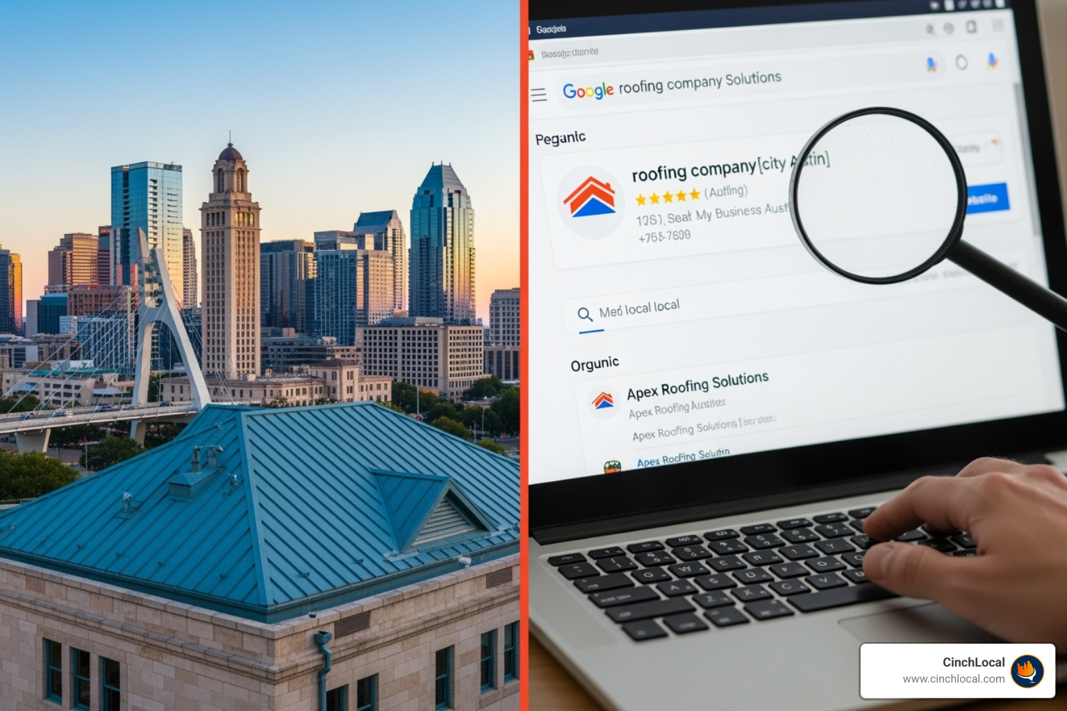 Roofing company website with a well-designed, location-specific service page for 