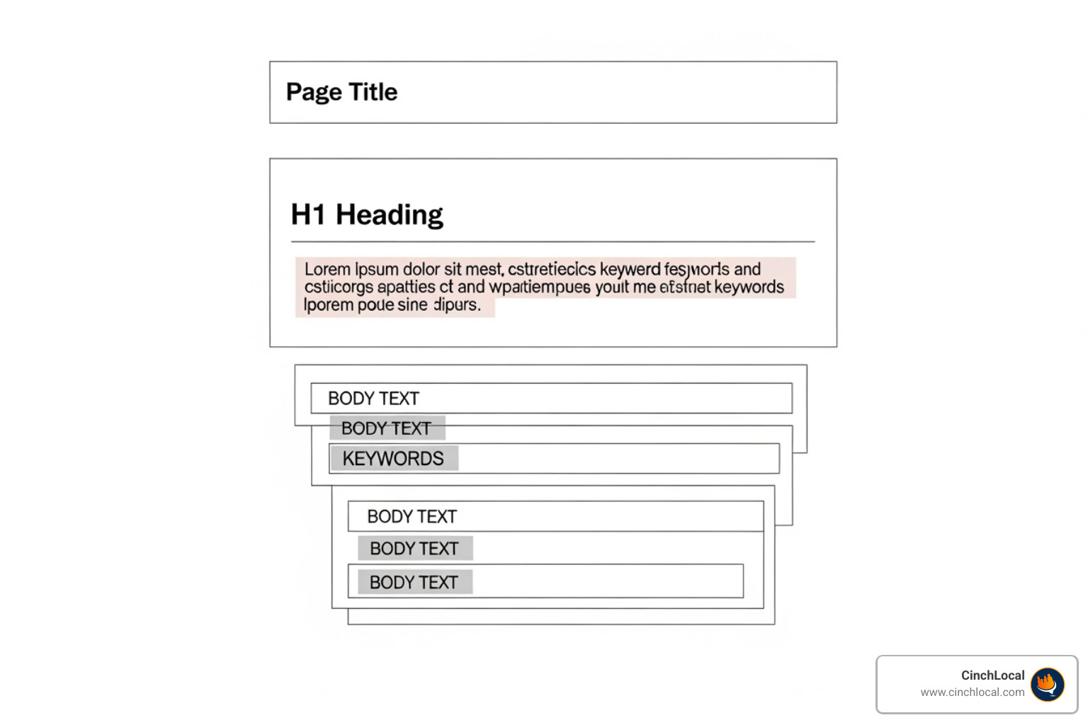 Webpage wireframe showing optimal keyword placement in the title, H1, and body content - keywords for roofing company
