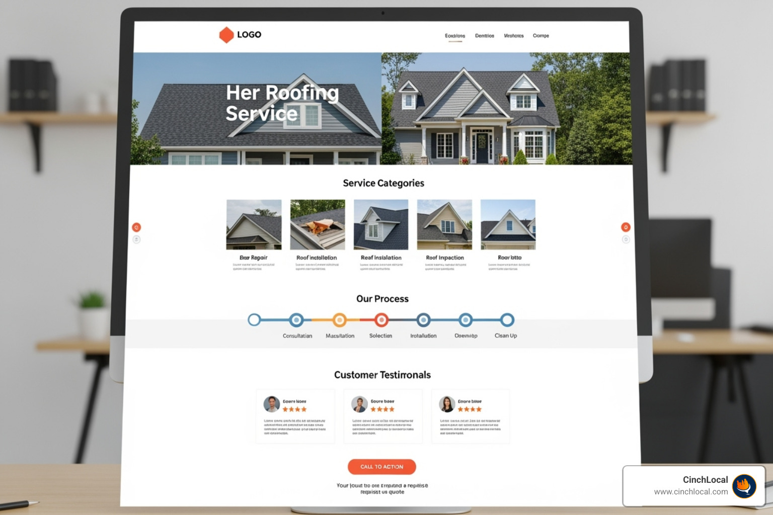 A well-structured service page for a roofer, featuring clear headings, images of work, customer testimonials, and a prominent call-to-action - On-page SEO for roofers