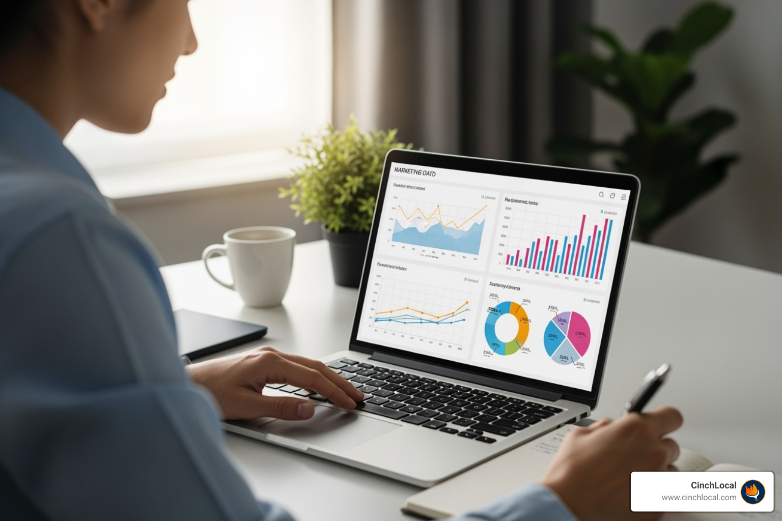 person analyzing marketing data on a laptop - Roofing marketing
