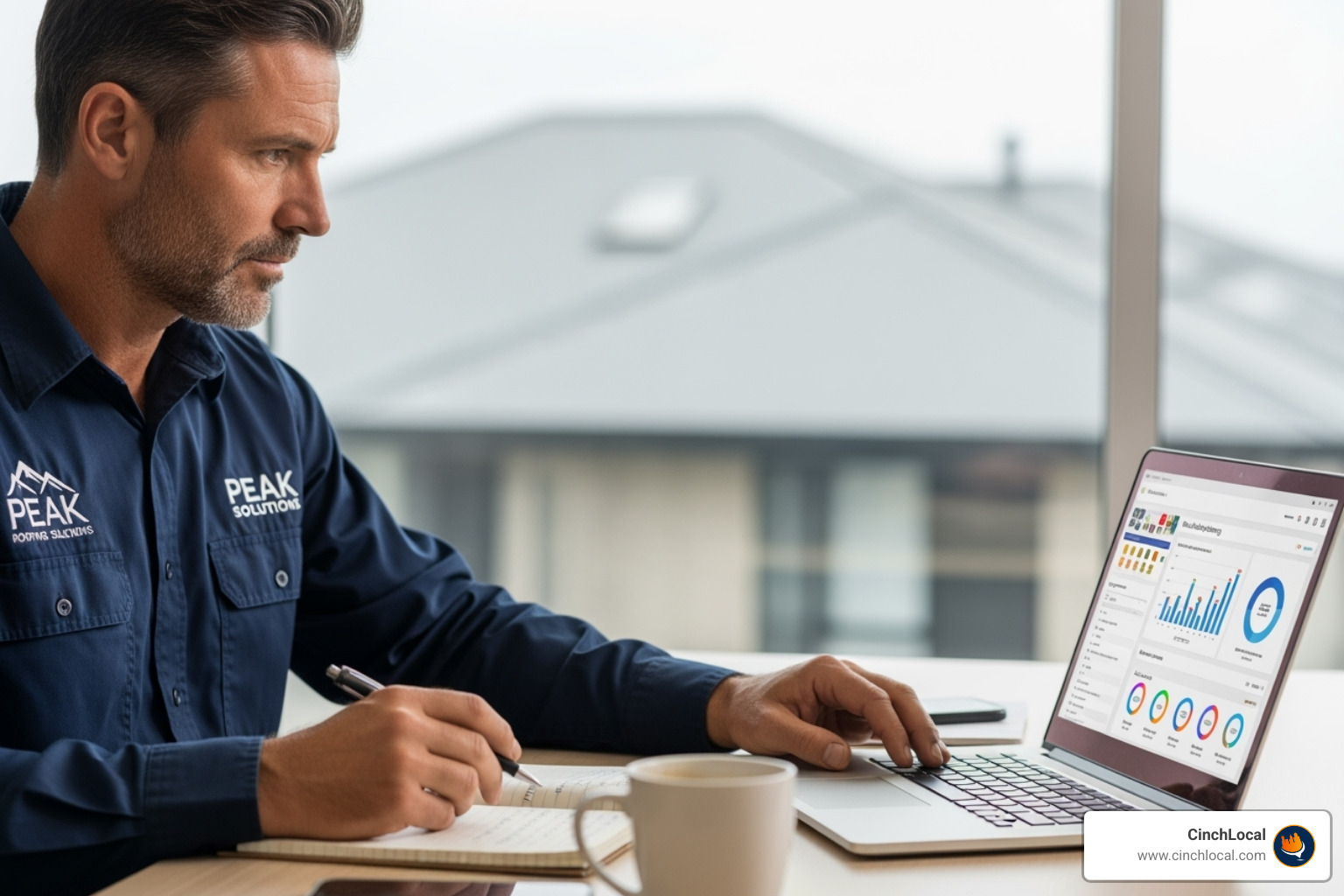Roofing contractor reviewing digital marketing - Roofing organic leads