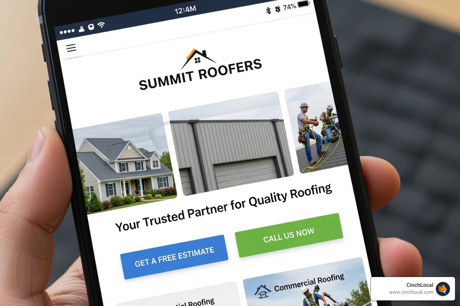 Mobile-optimized roofing company website homepage - Roofing organic leads