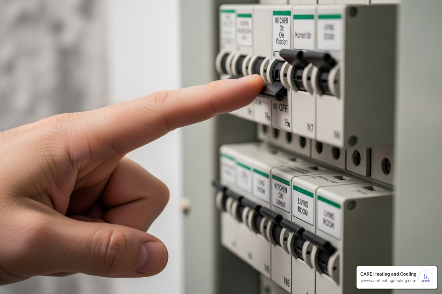 home electrical panel with a hand pointing to a breaker switch - AC compressor not starting