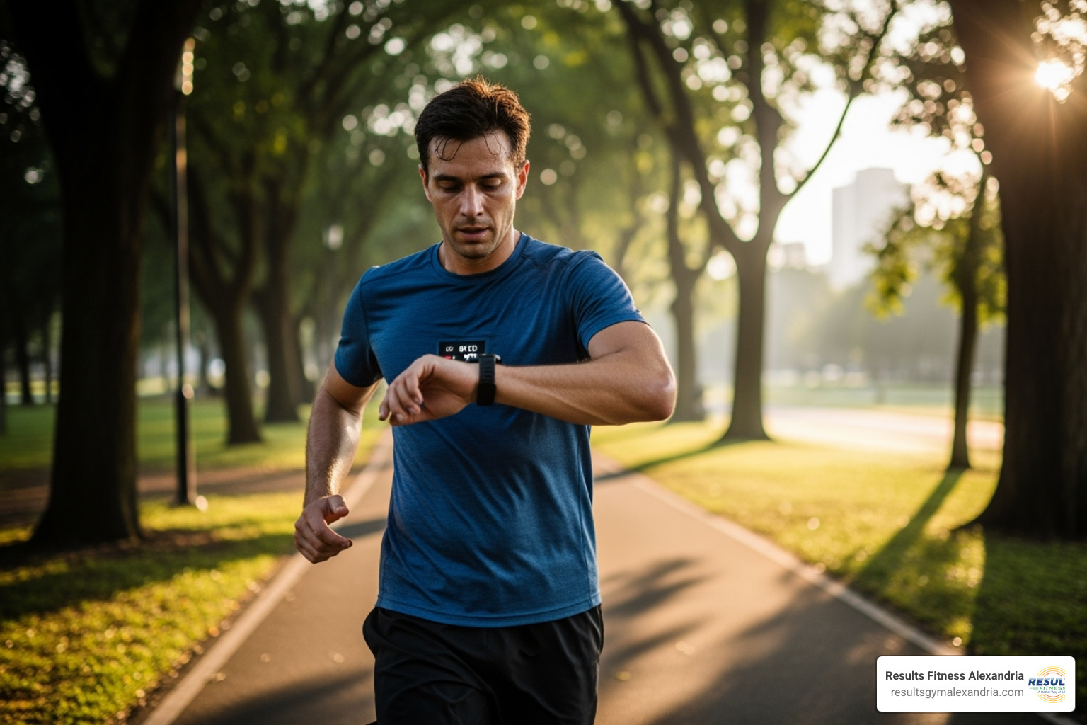 person checking their fitness watch during a run - Daily cardio routine person checking their fitness watch during a run - Daily cardio routine