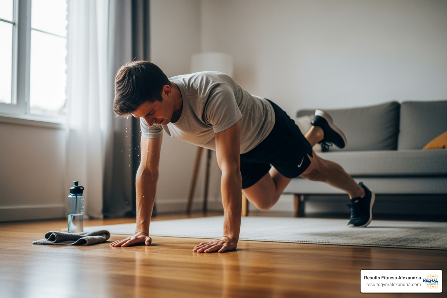 person doing burpees or mountain climbers at home - Daily cardio routine person doing burpees or mountain climbers at home - Daily cardio routine