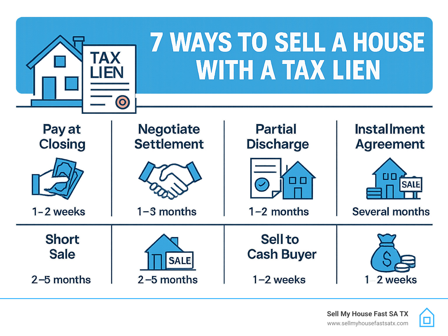 Infographic showing 7 ways to sell a house with a tax lien, including paying at closing, negotiating settlements, partial discharge, installment agreements, short sales, and selling to cash buyers, with visual representation of each method and typical timeframes - can i sell my house with a tax lien infographic 