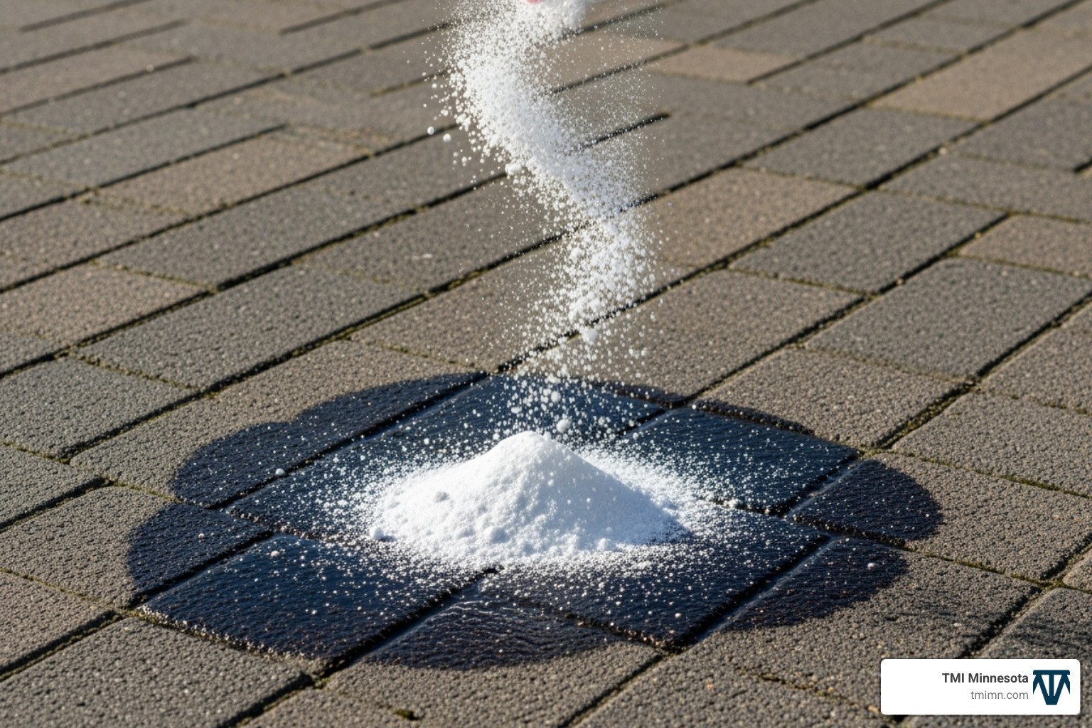 baking soda being sprinkled generously over a fresh oil stain on pavers - how to remove oil from block paving driveway
