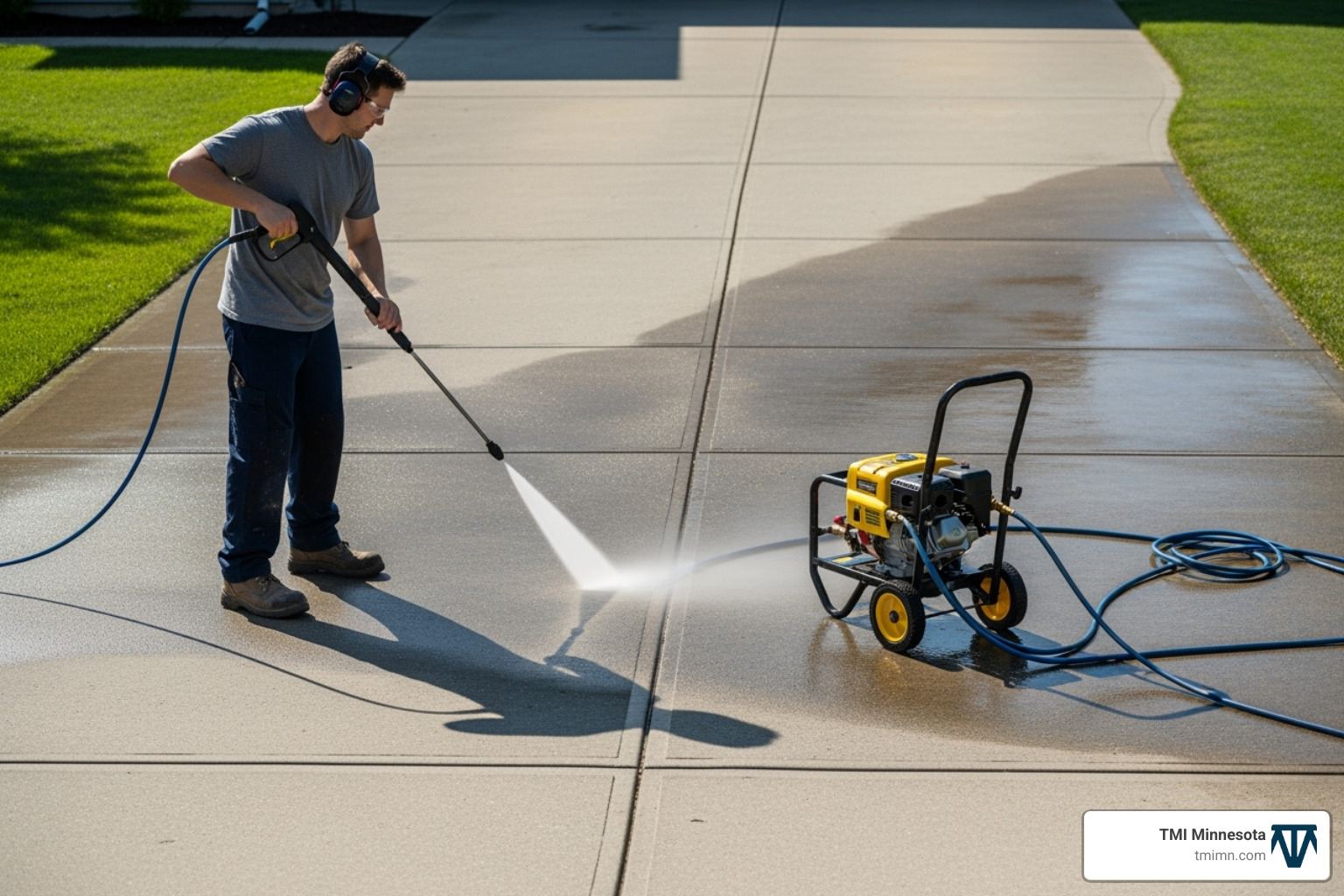 person using a pressure washer on a driveway from a safe distance - how to remove oil from block paving driveway