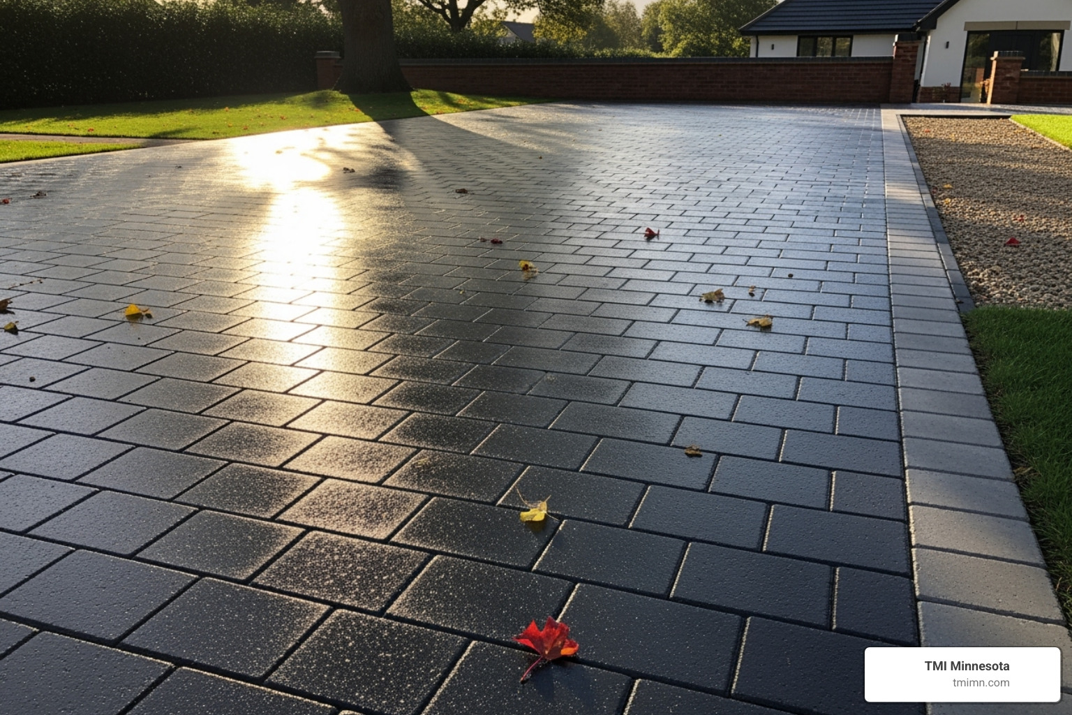 freshly sealed block paving driveway glistening - how to remove oil from block paving driveway