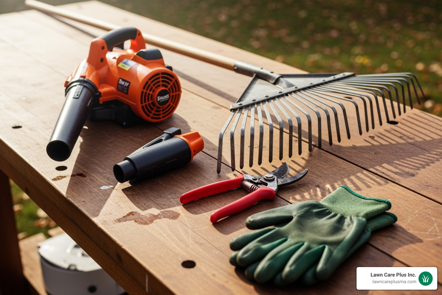 essential fall cleanup tools like a rake, leaf blower, pruners, and gloves laid out neatly - fall clean up landscaping essential fall cleanup tools like a rake, leaf blower, pruners, and gloves laid out neatly - fall clean up landscaping