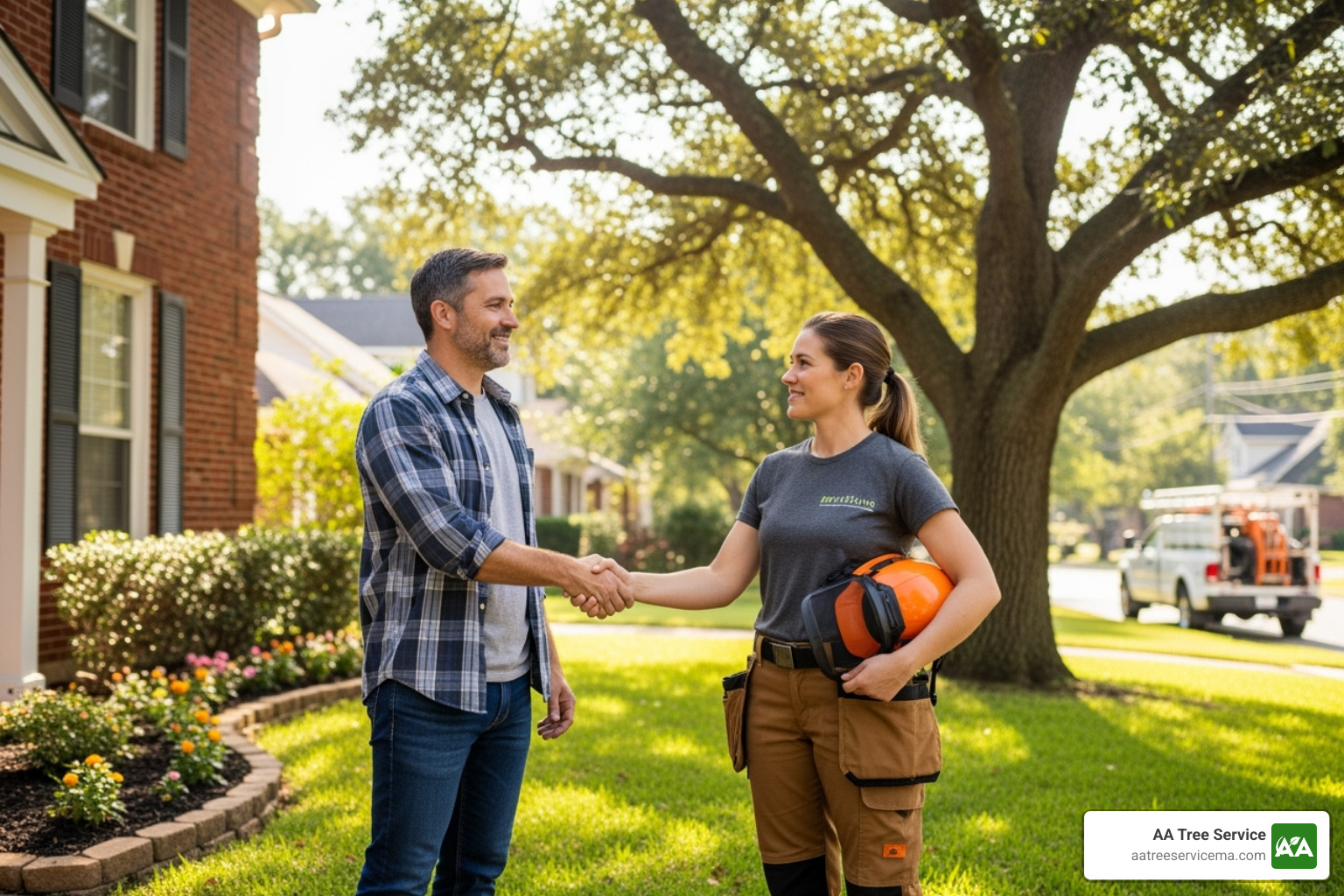 homeowner shaking hands with tree care professional - tree surgery near me