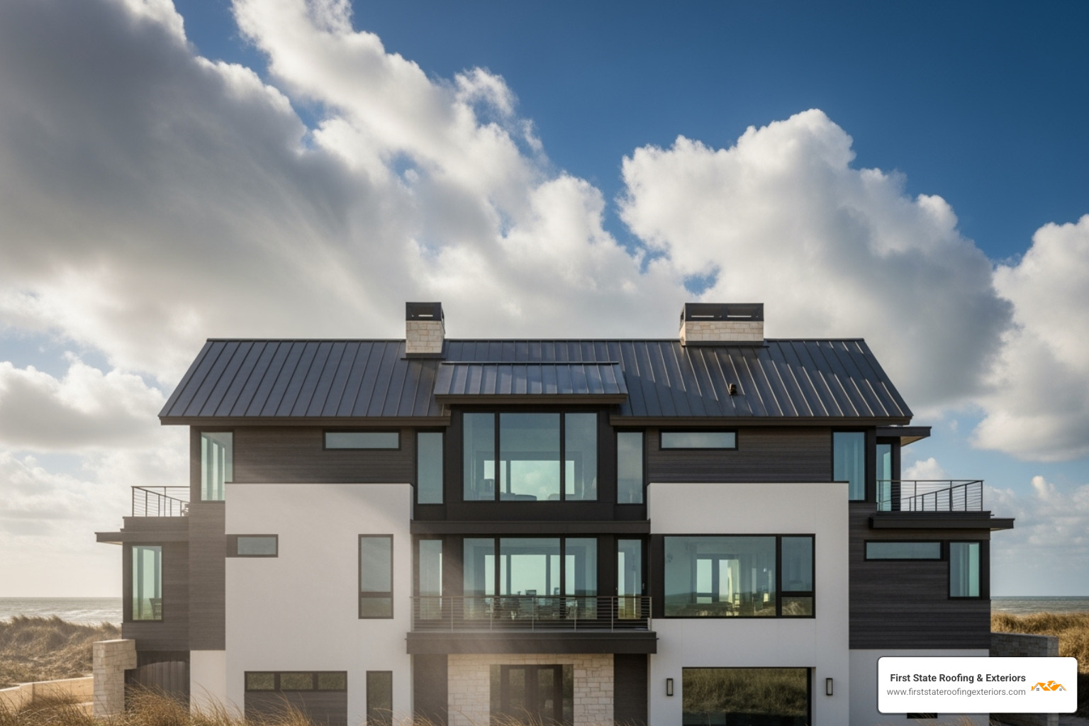 A coastal Delaware home with a sleek metal roof, highlighting its resilience against strong winds and salt air. - Delaware metal roofing contractors