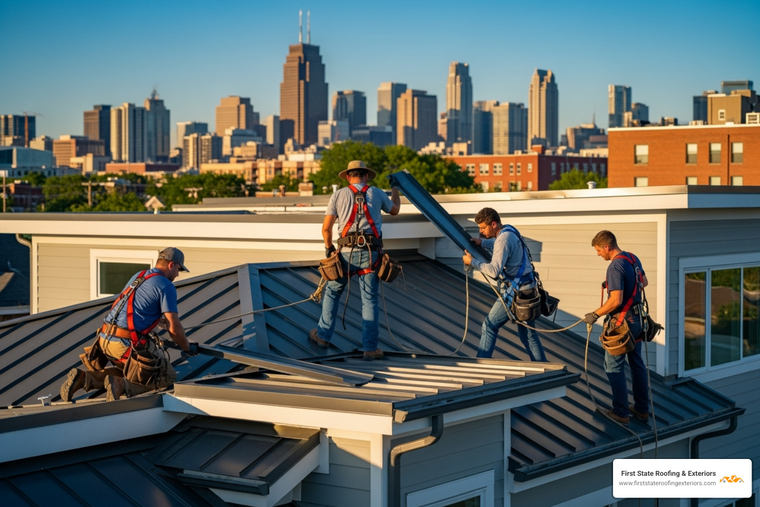 A professional roofing crew, wearing OSHA-compliant safety harnesses, installing a sleek metal roof on a residential home in Wilmington, DE, with the city skyline in the background. - Delaware metal roofing contractors
