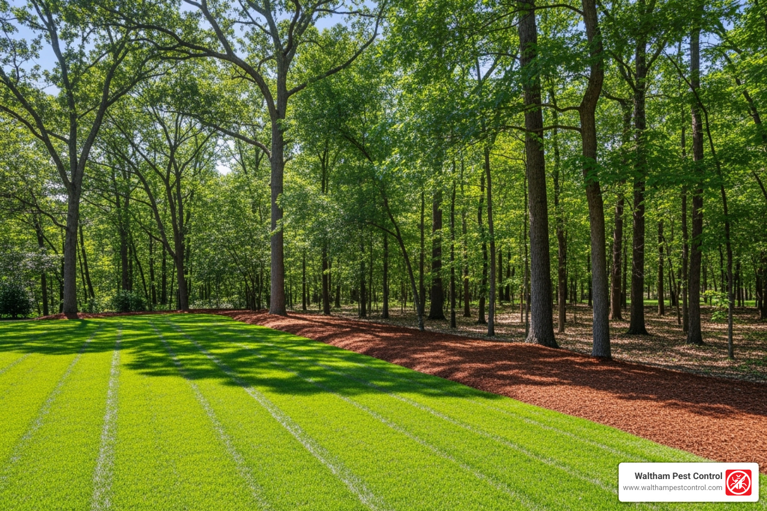 well-manicured lawn edge with a mulch barrier next to a wooded area - tick treatment for yards