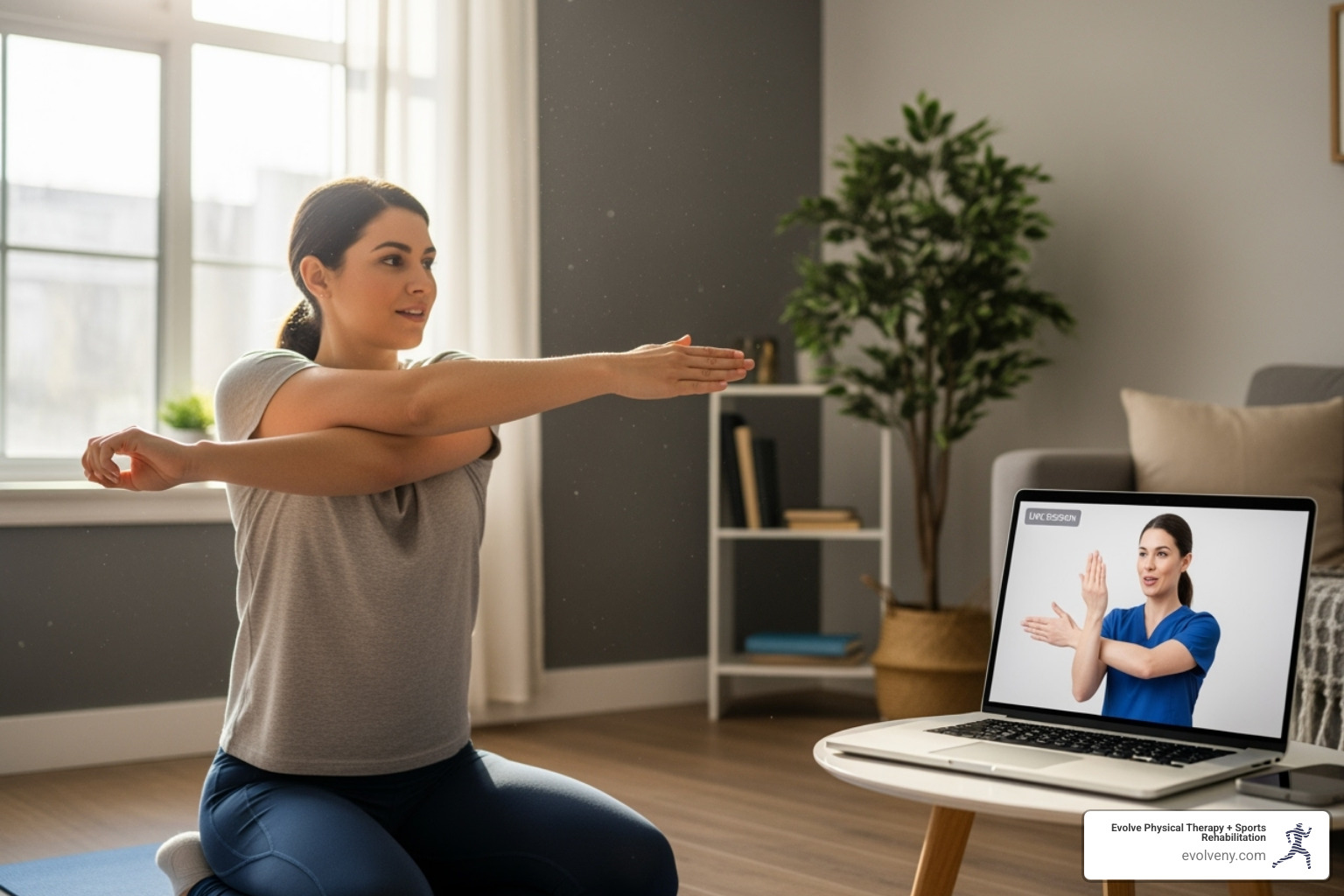 A patient (wearing comfortable athletic clothes) performs a gentle stretching exercise at home, guided by a physical therapist visible on a laptop screen during a telehealth session. The therapist demonstrates the movement with clear instructions. - Physical therapy for chronic pain