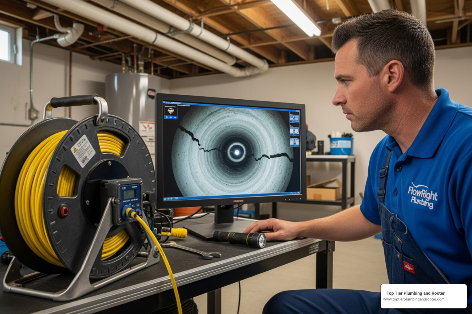 technician viewing a monitor showing the inside of a pipe from a sewer camera - hydrojetting San Bernardino County technician viewing a monitor showing the inside of a pipe from a sewer camera - hydrojetting San Bernardino County