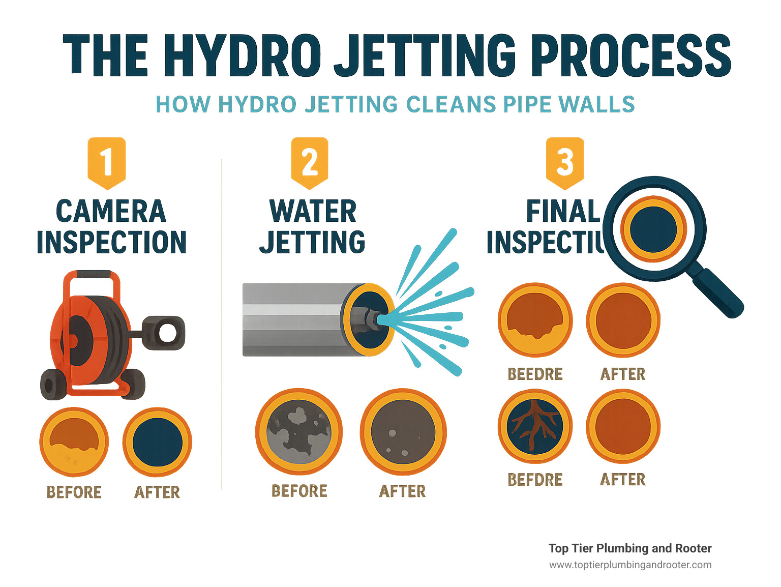 Infographic showing the complete hydro jetting process from initial camera inspection through high-pressure water cleaning to final verification, with before and after pipe cross-sections demonstrating the removal of grease buildup, debris, and roots from pipe walls - hydrojetting San Bernardino County infographic  Infographic showing the complete hydro jetting process from initial camera inspection through high-pressure water cleaning to final verification, with before and after pipe cross-sections demonstrating the removal of grease buildup, debris, and roots from pipe walls - hydrojetting San Bernardino County infographic