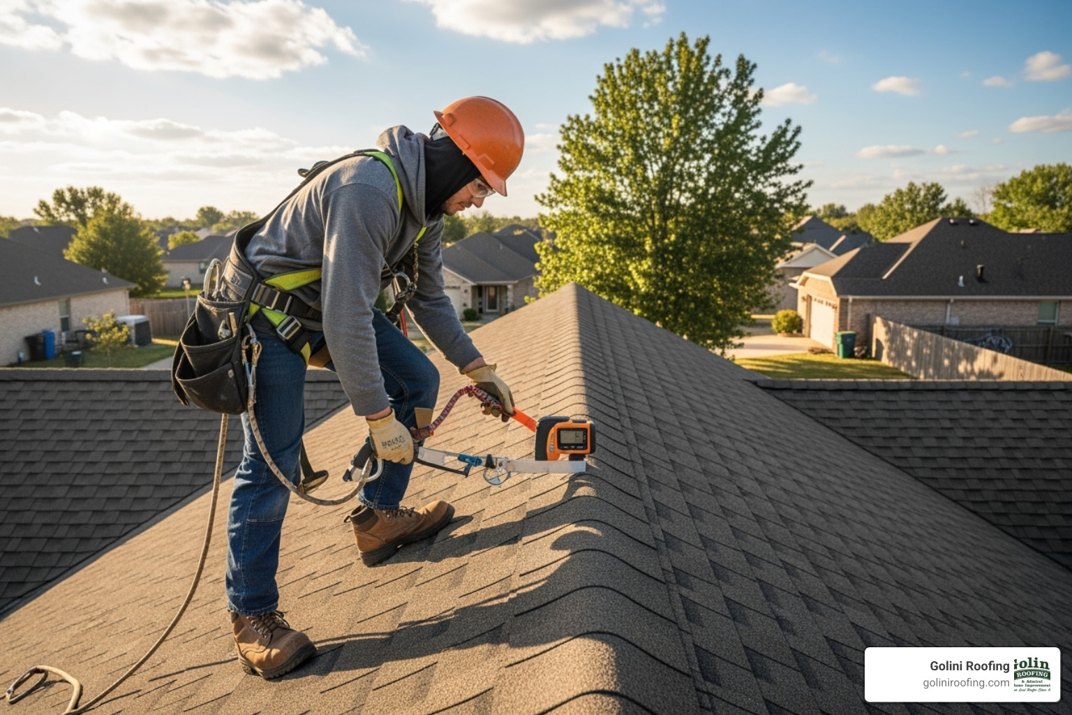 Golini Roofing professional measuring roof pitch - Free roof estimate Golini Roofing professional measuring roof pitch - Free roof estimate