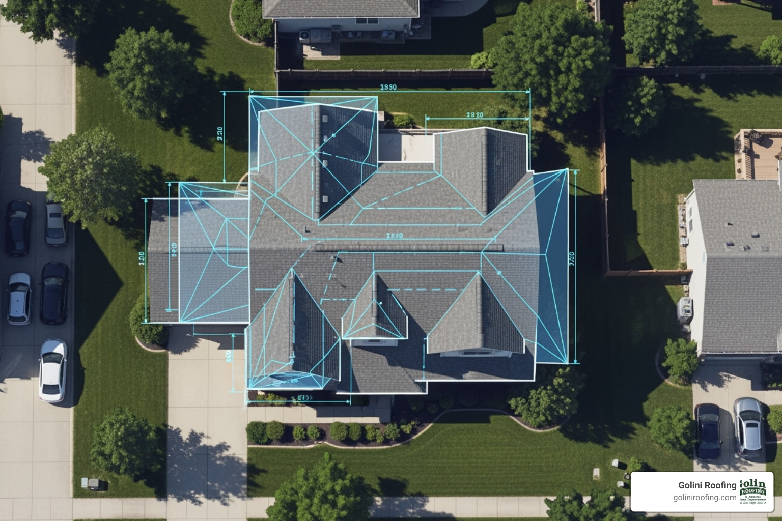 Satellite view of a roof with measurement overlays - Free roof estimate Satellite view of a roof with measurement overlays - Free roof estimate
