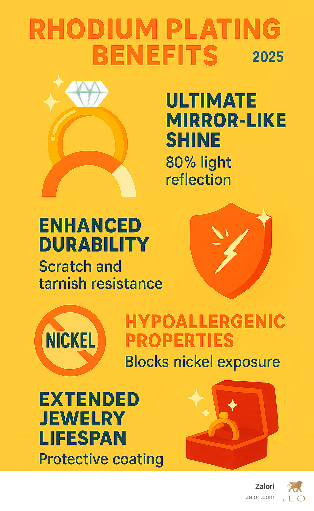 Infographic showing rhodium plating benefits: Ultimate Mirror-Like Shine with 80% light reflection, Improved Durability with scratch and tarnish resistance, Hypoallergenic Properties blocking nickel exposure, and Extended Jewelry Lifespan with protective coating - Rhodium plated gold infographic Infographic showing rhodium plating benefits: Ultimate Mirror-Like Shine with 80% light reflection, Improved Durability with scratch and tarnish resistance, Hypoallergenic Properties blocking nickel exposure, and Extended Jewelry Lifespan with protective coating - Rhodium plated gold infographic